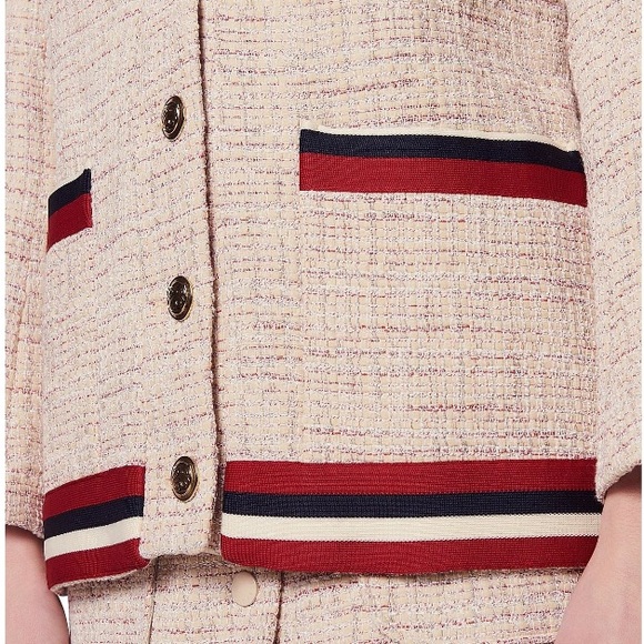 Sandro Adelaide Stripe-Trimmed Tweed Jacket Blazer Skirt Set in Blush 36, 2 - Picture 4 of 10